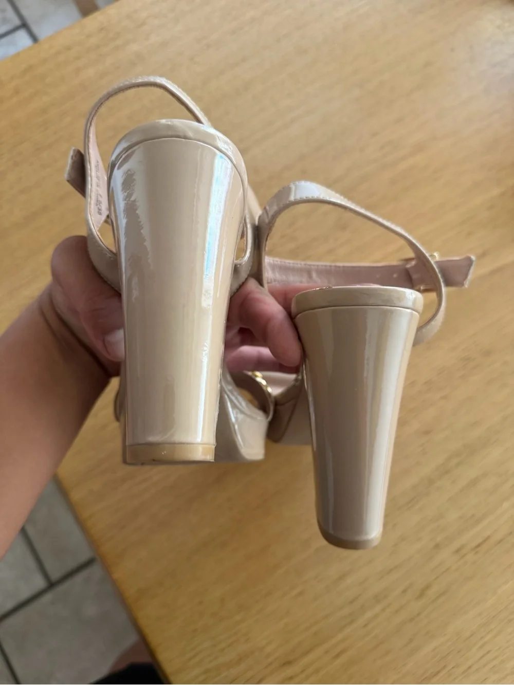 Nude Patent Platform Sandal with Gold Chain